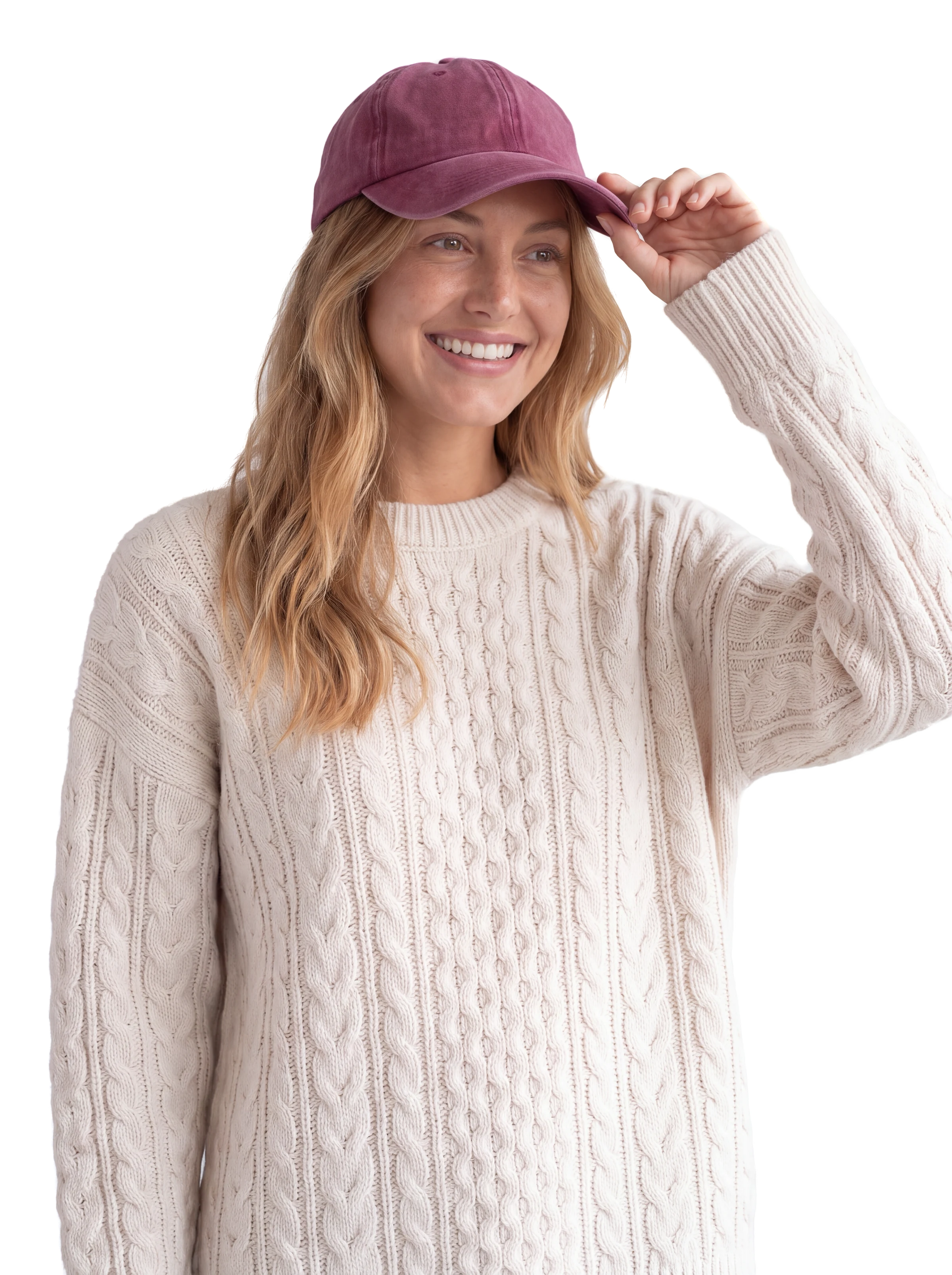 Her portrait, smiling, in a cable-knit sweater and berry cap.