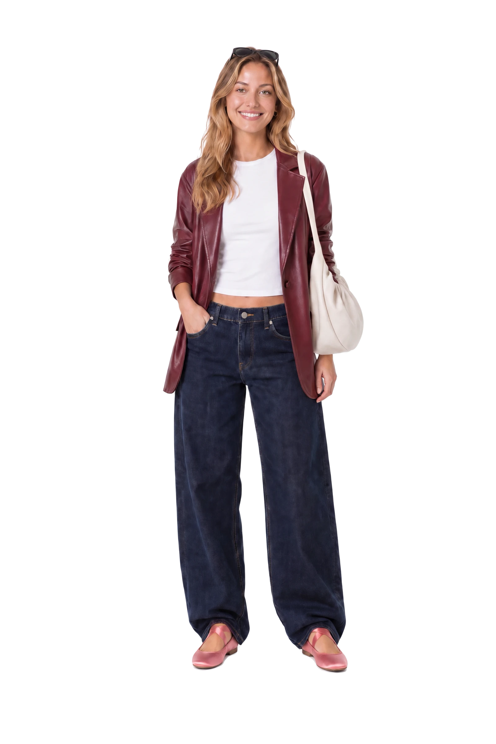 Her avatar in the full look: berry leather blazer, white tee, wide-leg jeans, rose satin flats and a cream bag.