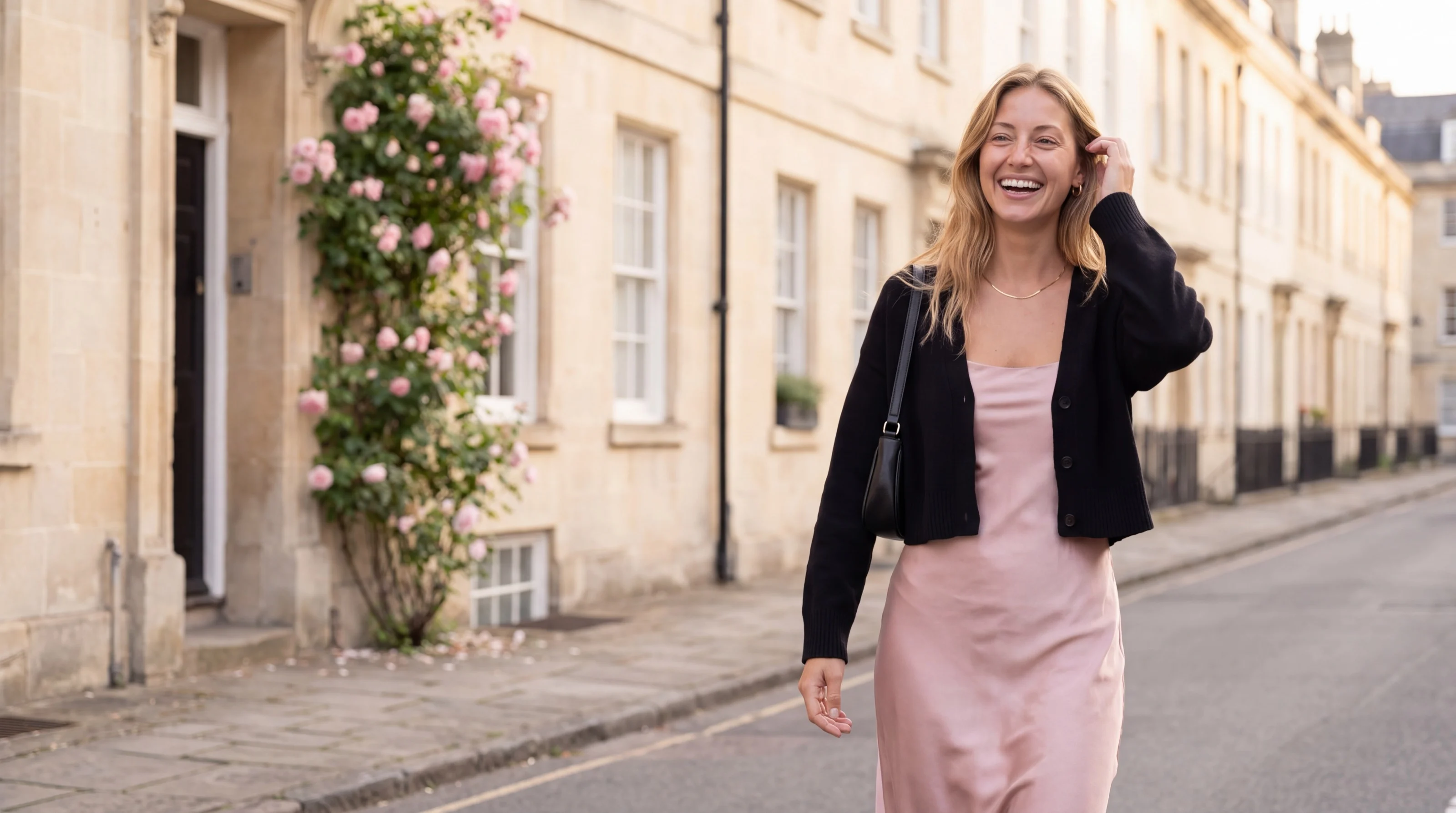 A woman laughs as she walks down a stone street in a blush satin slip dress and cropped black cardigan.