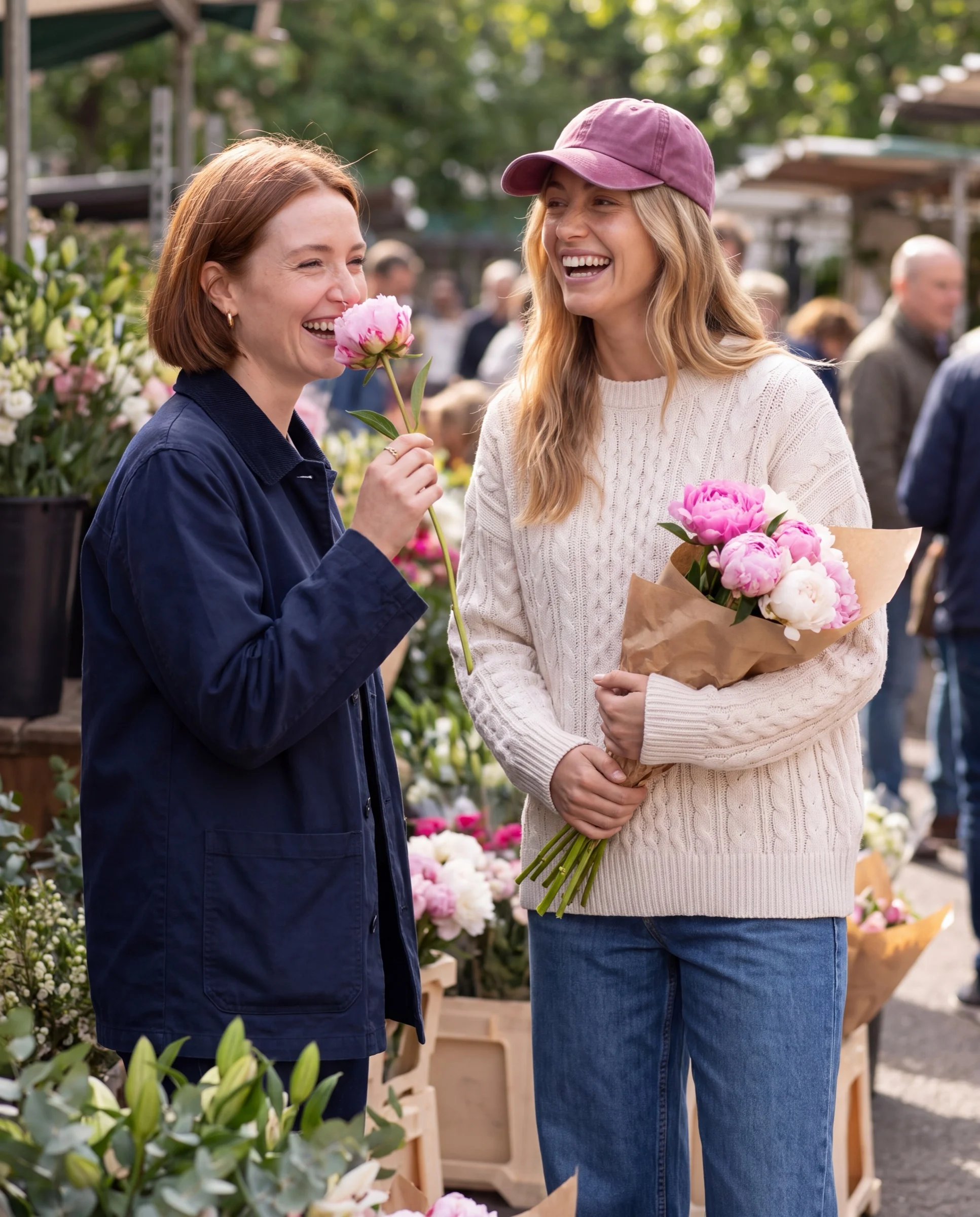 At a flower market, a friend holds up a peony while she laughs in a cable-knit sweater, barrel jeans and a berry cap.