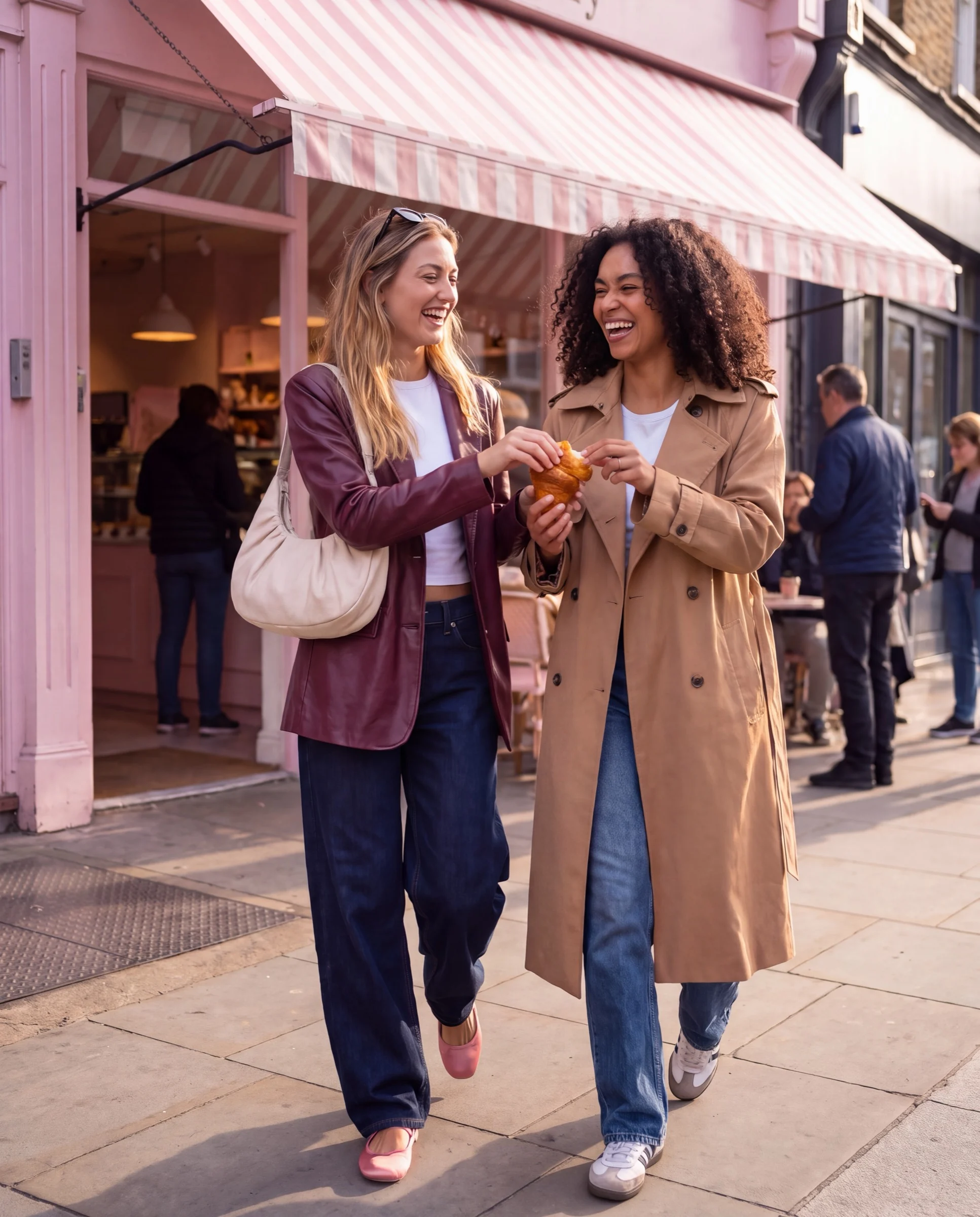 She leaves a pink bakery with a friend, sharing a croissant, in the berry leather blazer and wide-leg jeans.