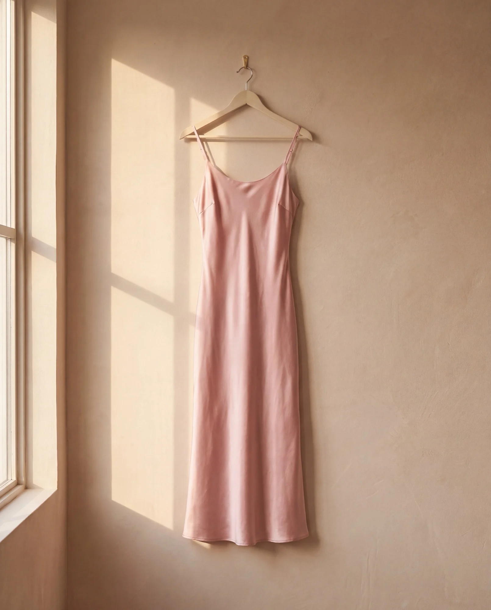The blush satin slip dress on a hanger in afternoon light.